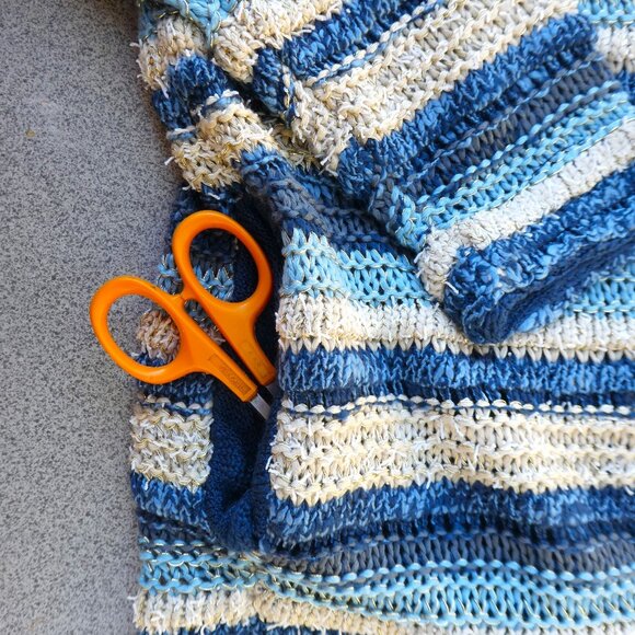 Lovestitch Long Cardigan Open Front OOAK Striped Blue Gold Metallic Drop Sleeve - Picture 4 of 12